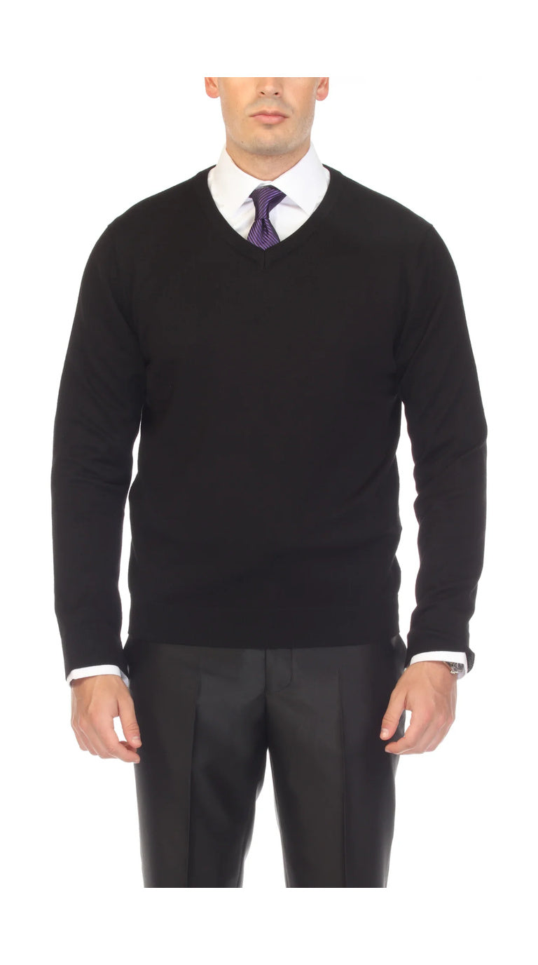 Sam Jacobi Men's Pullover Black Knitted Sweater V-neck Stylish Knitwear Long Sleeve Casual Slim Fit