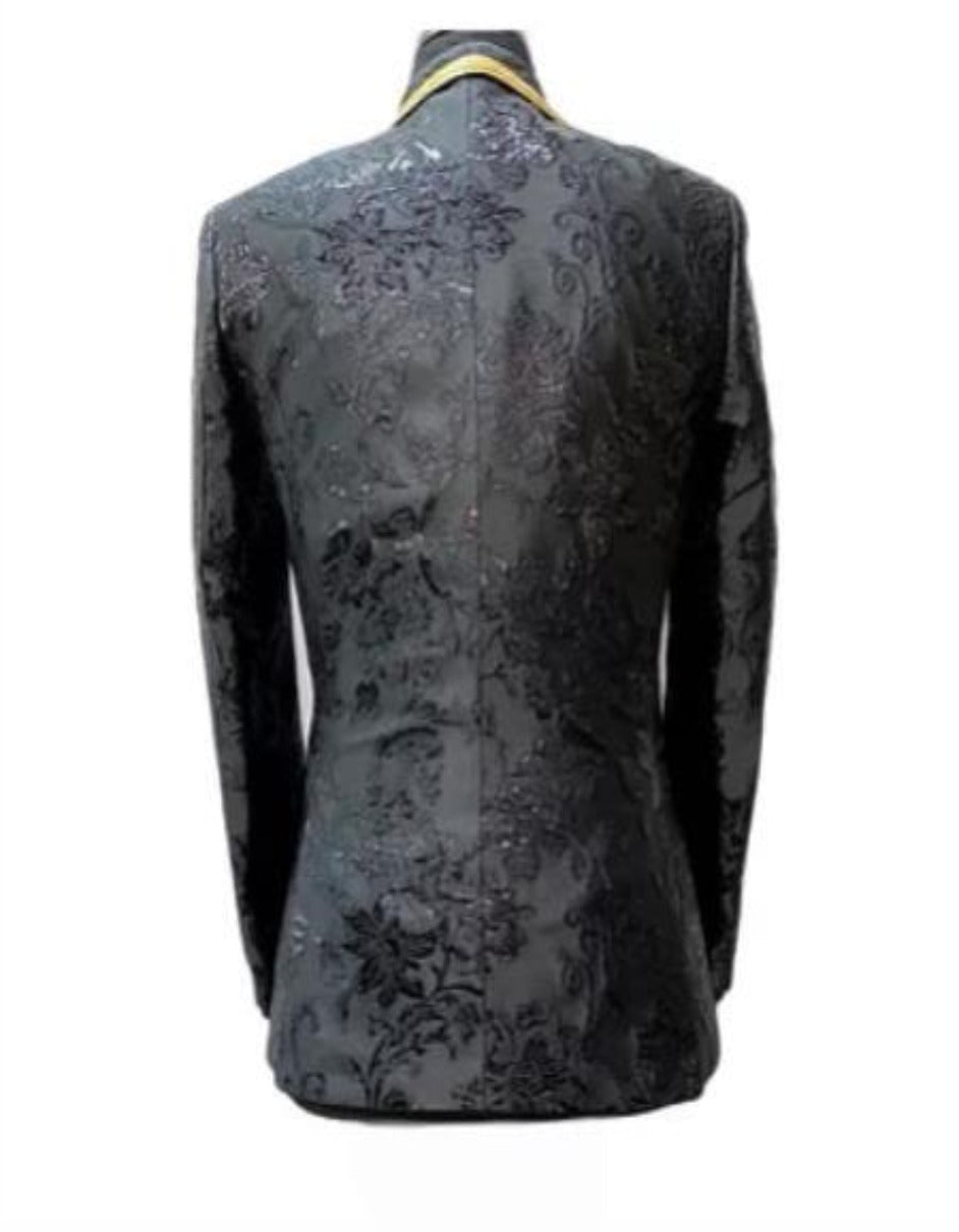 Black and Gold Slim Fit Vested Suit
