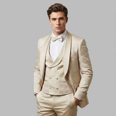Tan Floral Shawl Lapel Tuxedo Set β Wedding and Prom