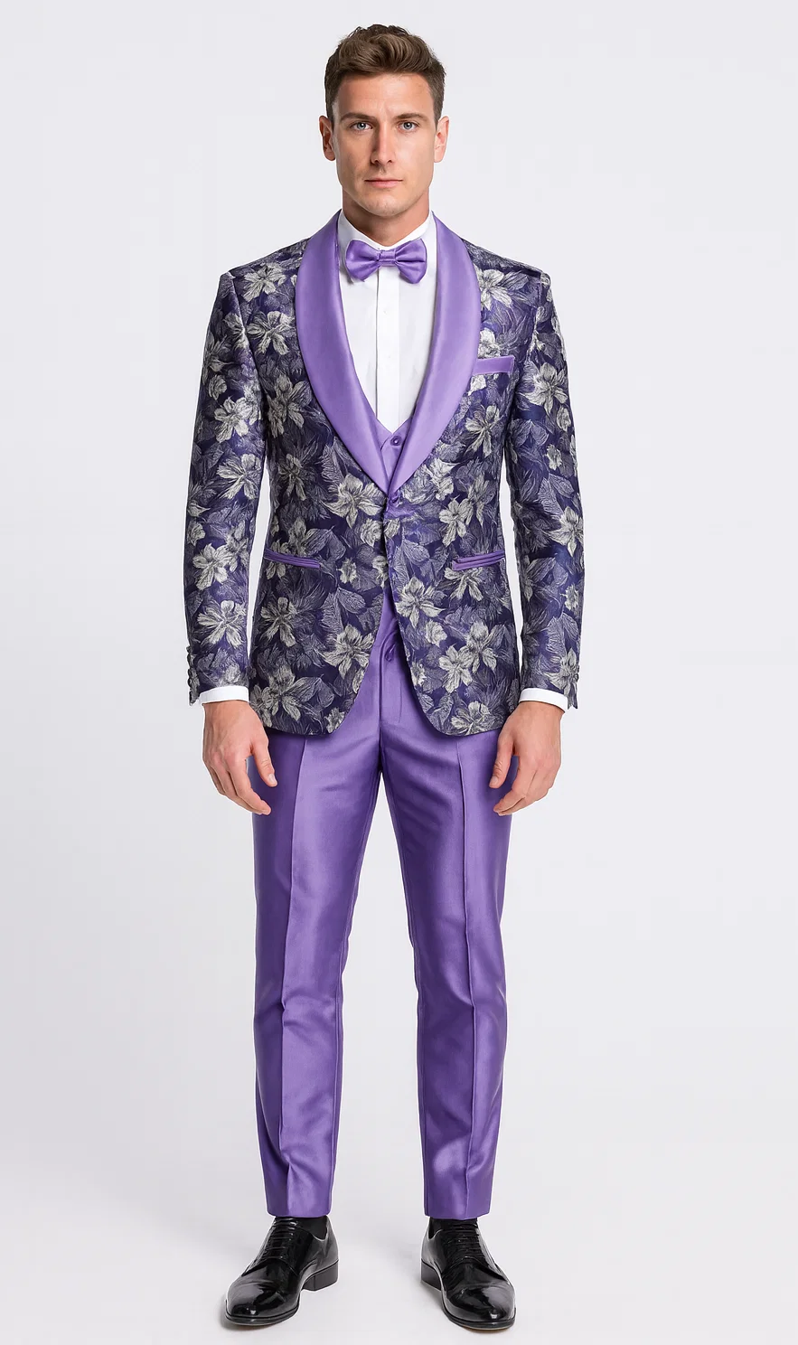 Purple Floral Tuxedo Set with Shawl Lapel – Wedding & Prom