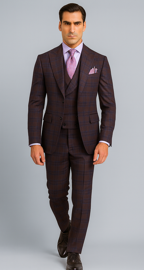 Purple Modern Fit Windowpane Peak Lapel 3 Piece Suit