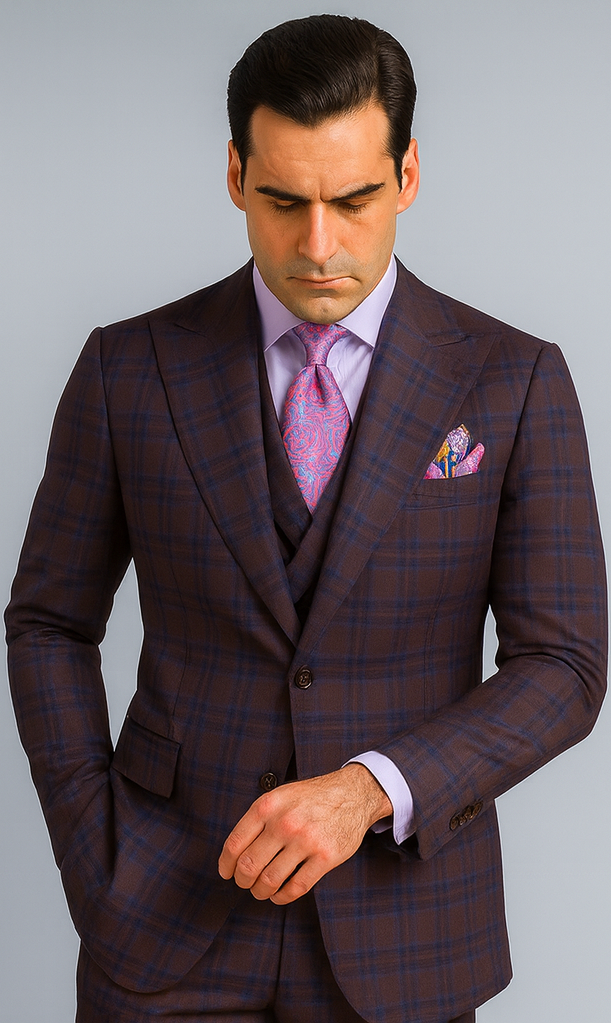 Purple Modern Fit Windowpane Peak Lapel 3 Piece Suit