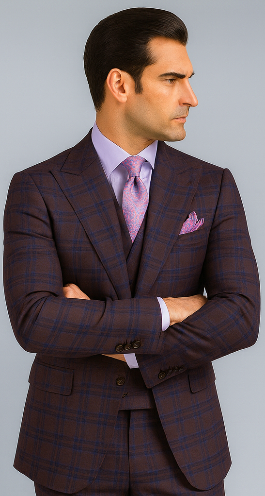 Purple Modern Fit Windowpane Peak Lapel 3 Piece Suit