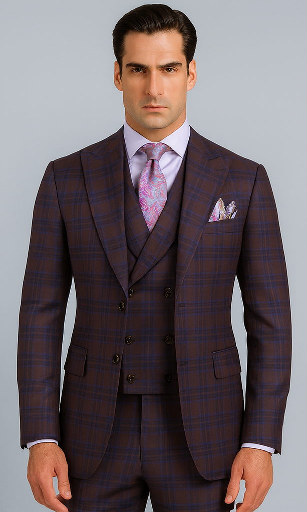 Purple Modern Fit Windowpane Peak Lapel 3 Piece Suit