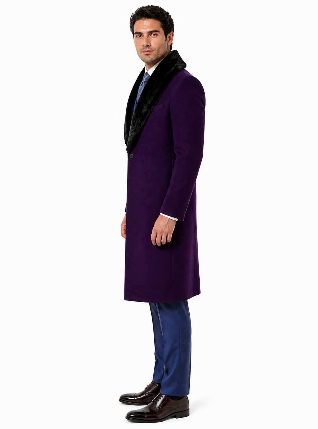 Purple Wool Overcoat with Fur Collar for Men