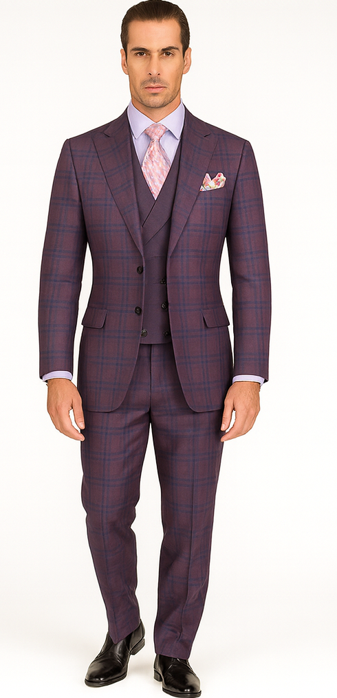 Purple Plaid Suit - Vested Suit - 3 Piece Suits - Peak Lapel Suits - Windowpane Suit - 2 Button