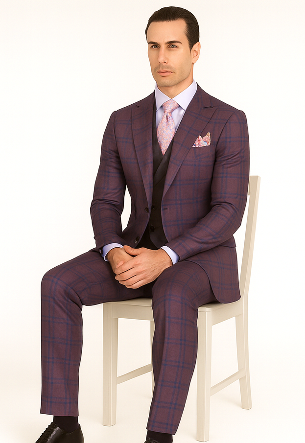 Purple Plaid Suit - Vested Suit - 3 Piece Suits - Peak Lapel Suits - Windowpane Suit - 2 Button