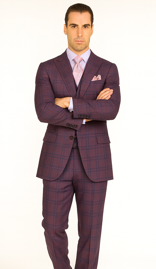 Purple Plaid Suit - Vested Suit - 3 Piece Suits - Peak Lapel Suits - Windowpane Suit - 2 Button