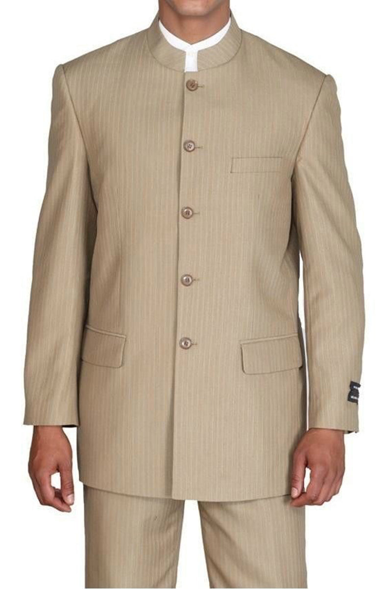 Mens 5 Button Pinstripe Mandarin Collar Suit in Tan