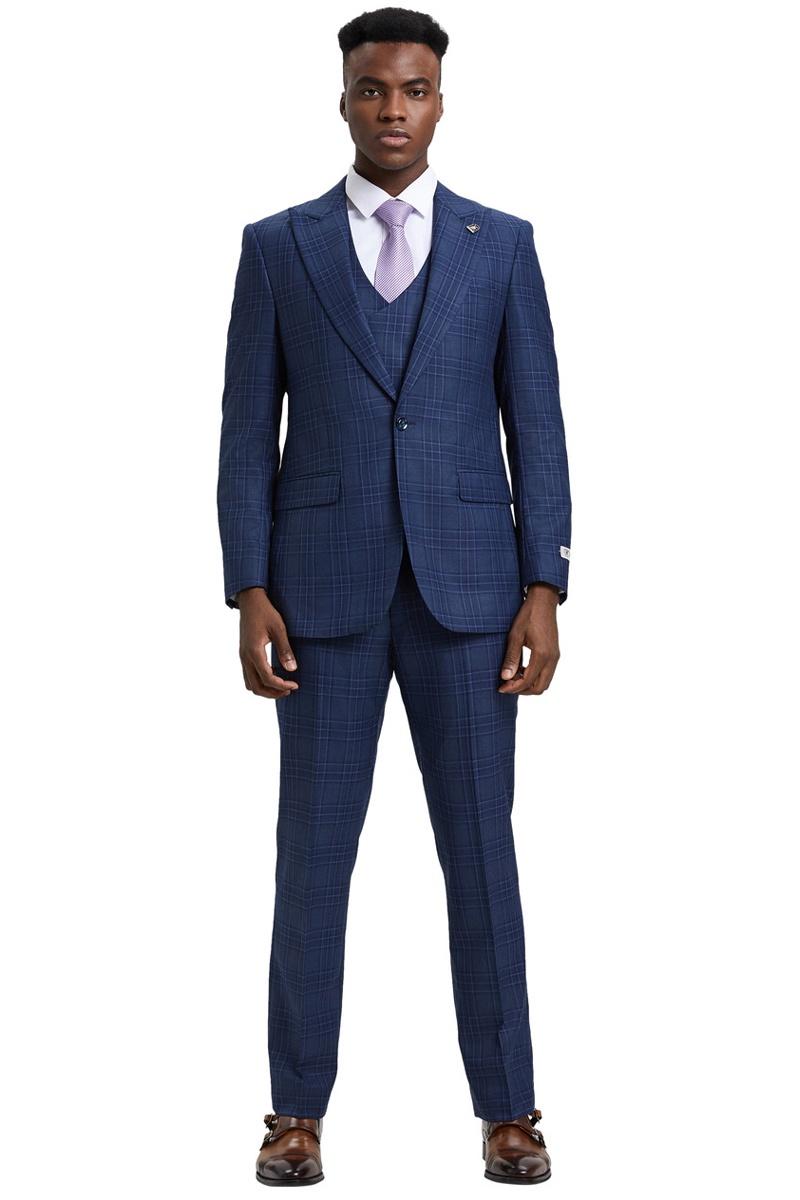 Stacy Adams Blue & Purple Plaid Vest Suit