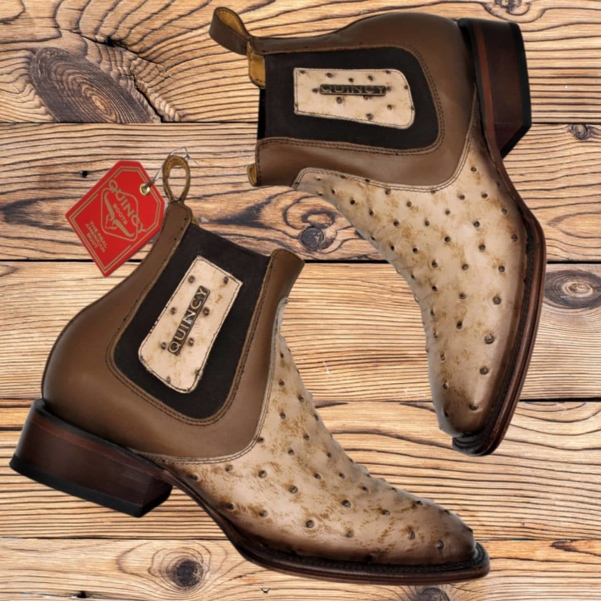 Quincy Ostrich Print Leather Square Toe Boots