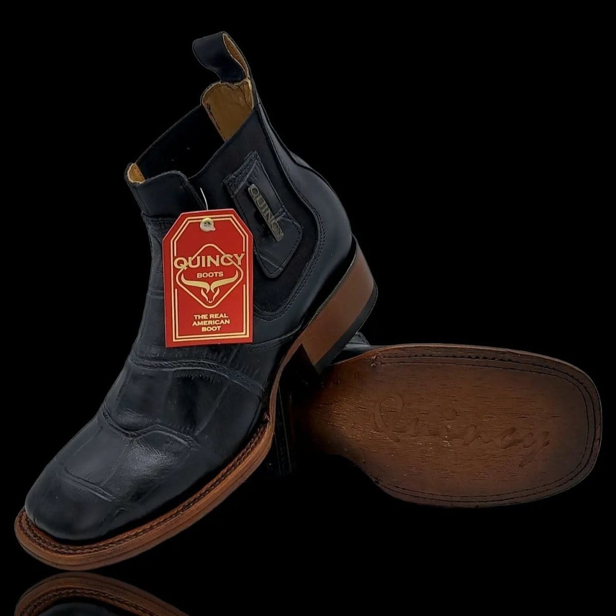 Caiman Belly Print Leather Square Toe Boots