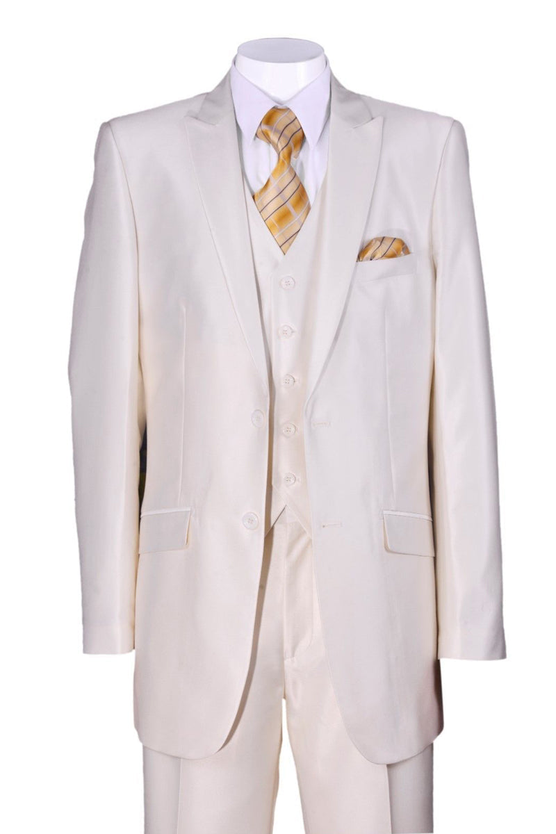 Cream Peak Lapel Sharkskin Suit with Vest