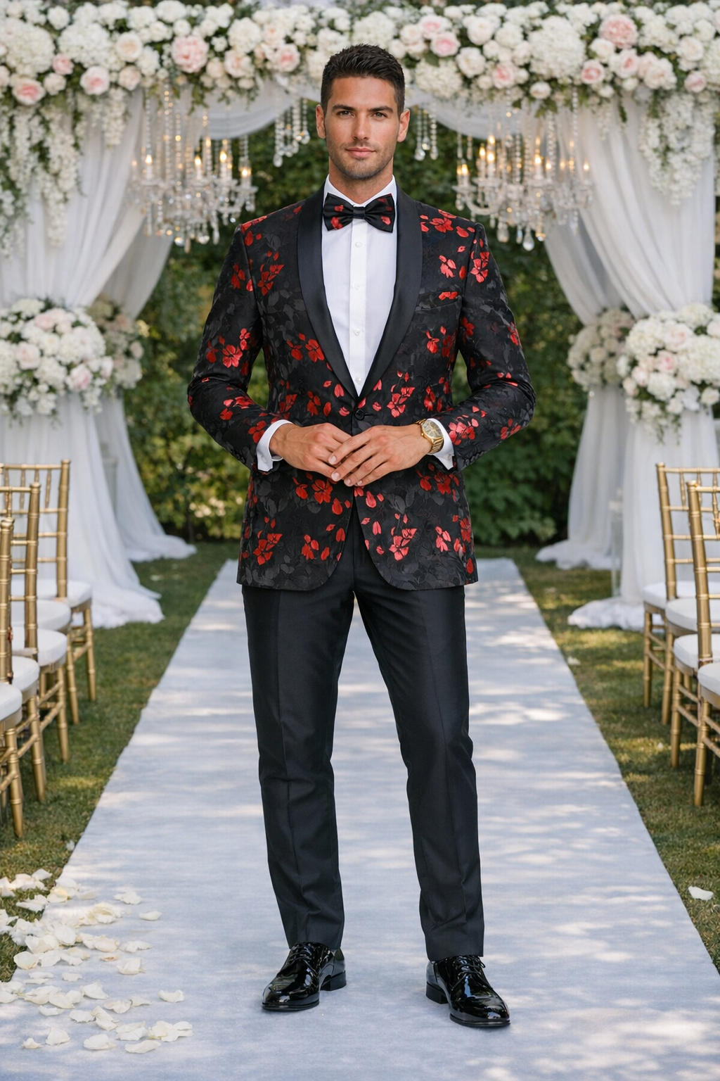 Red and Black Tuxedo Jacket Floral Pattern Slim Fit - Wedding - Prom