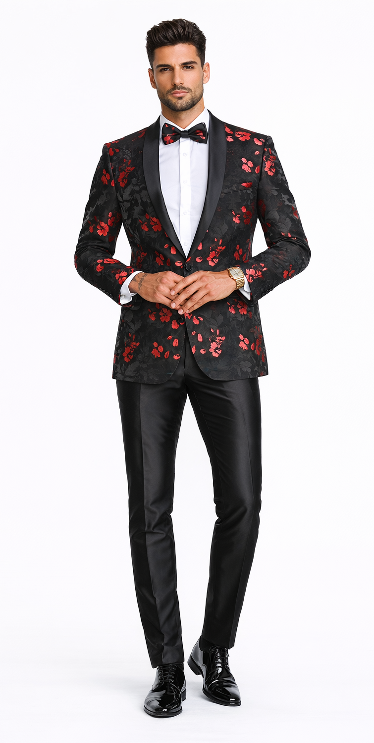 Red and Black Tuxedo Jacket Floral Pattern Slim Fit - Wedding - Prom