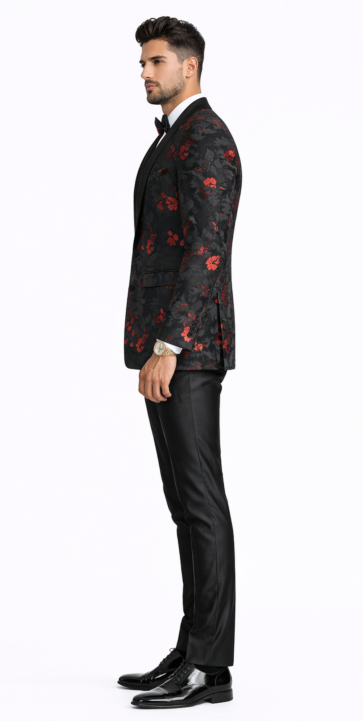 Red and Black Tuxedo Jacket Floral Pattern Slim Fit - Wedding - Prom