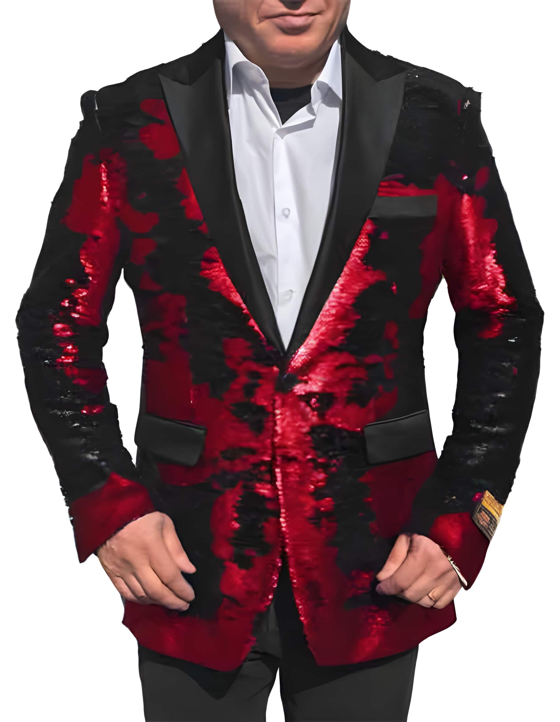 Red ~ Black Tuxedo 1 Button Shiny Sequin Glitter Sport Coat Perfect for Prom