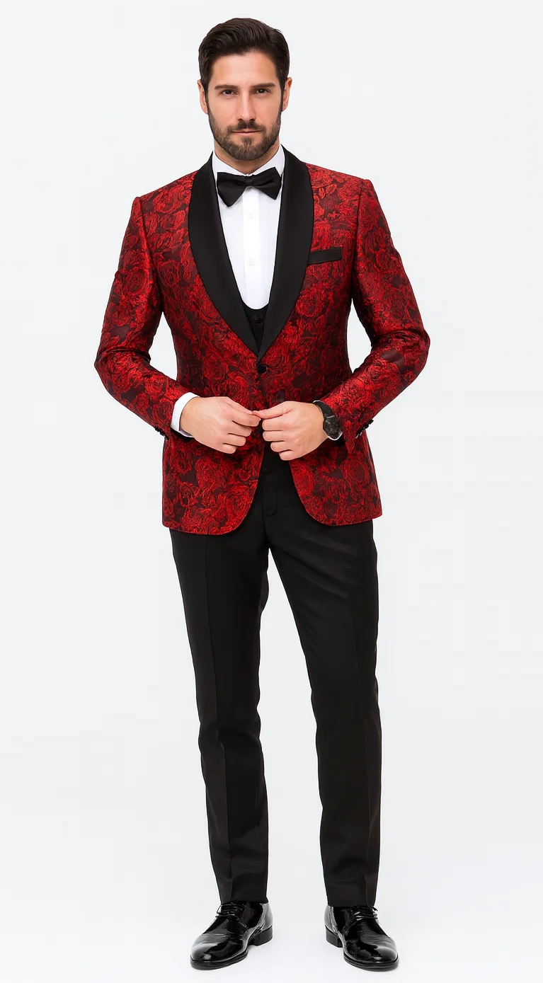 Red Floral Tuxedo with Shawl Lapel – 4 Piece Slim Fit Set