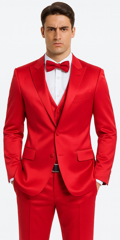 Red Satin Skinny Fit Tazzio 3 Piece Suit
