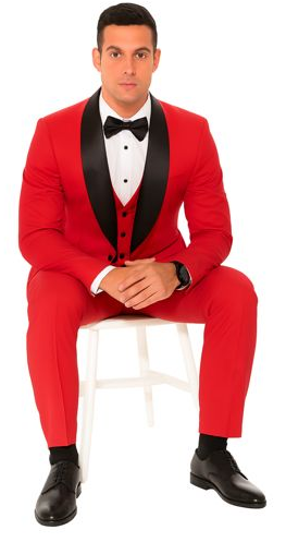 Red Slim Fit Tuxedo with Large Black Shawl Lapel – 3 Piece Wedding & Prom Set