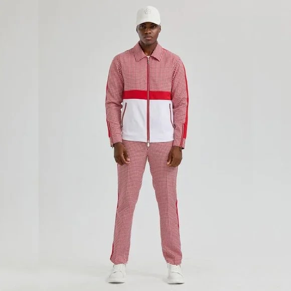 Mens Houndstooth Red 2pc Tracksuit