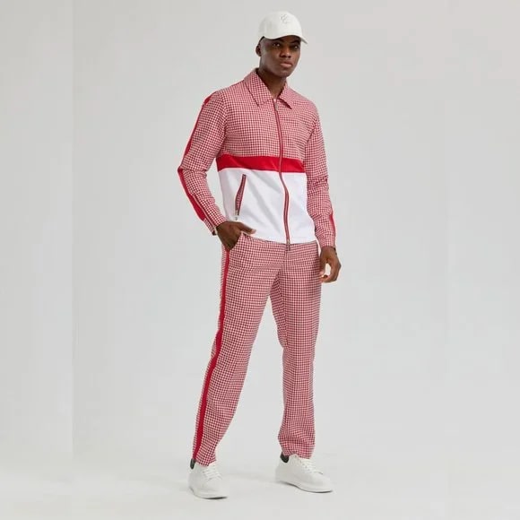 Mens Houndstooth Red 2pc Tracksuit