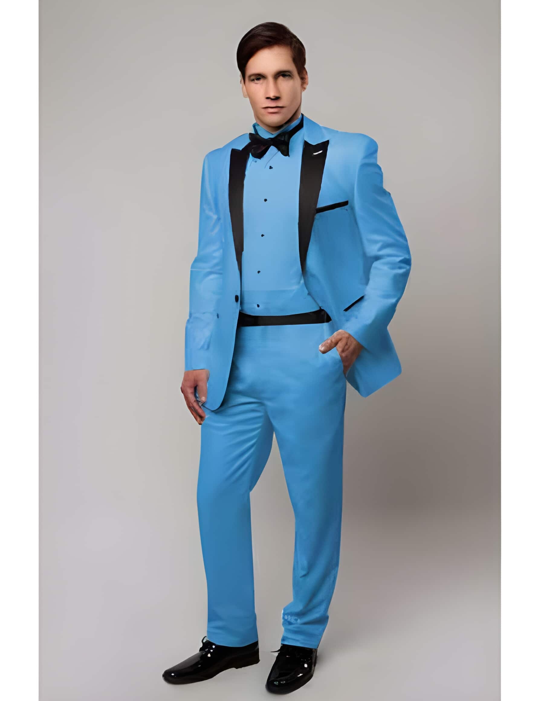 Regular Fit 1 Button Sky Blue with Black Lapel Suit
