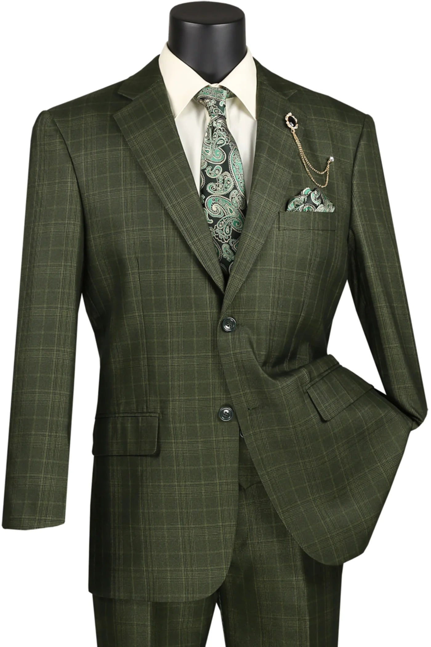 Regular Fit Olive Green Glen Plaid Three-Piece Suit