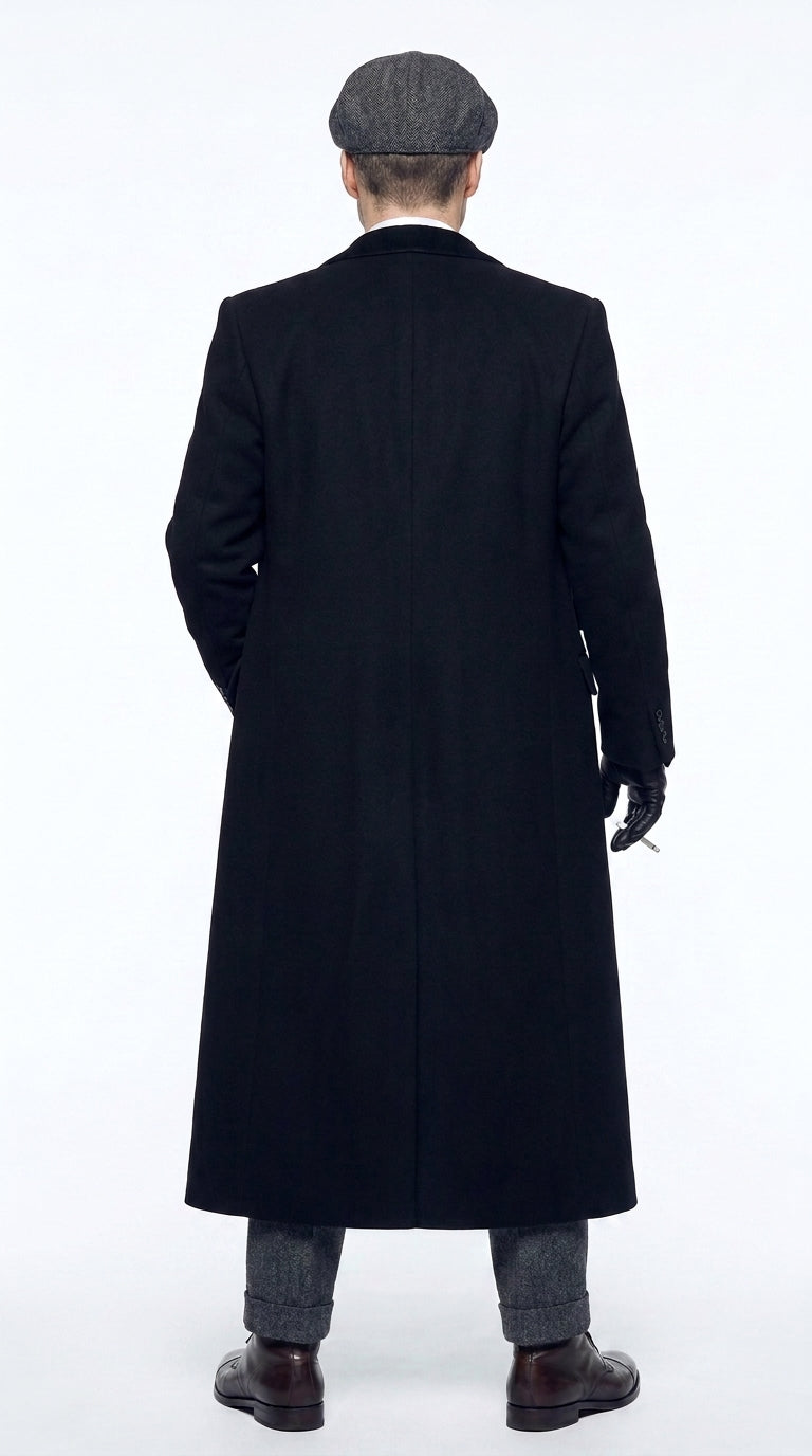 Men’s Black Peaky Blinders Full-Length Overcoat – Thomas Shelby Inspired Vintage Wool Coat