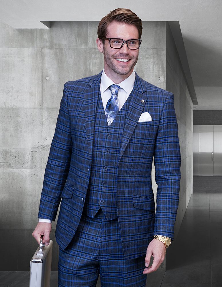 Triple Tone 3 Piece Wool Plaid Suit for Men