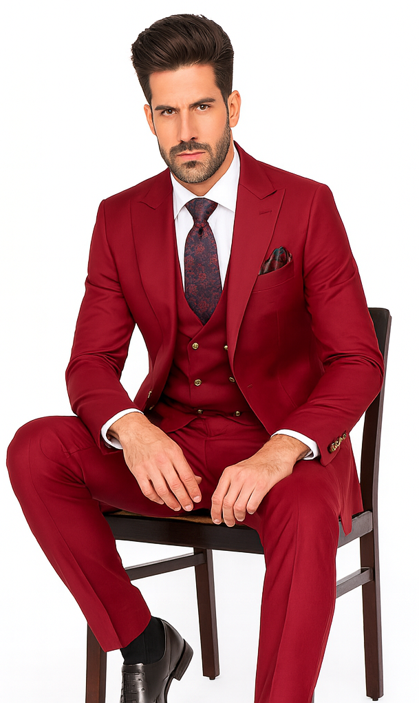 Rossi Man Bond RM1777 Red Slim Fit 3-Piece Suit – Men’s Formalwear