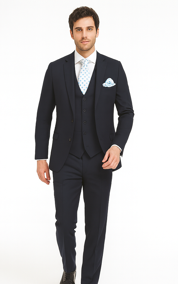 Rossi Man CYRUS RM116 Solid Navy Blue 3-Piece Suit – Men’s Formalwear