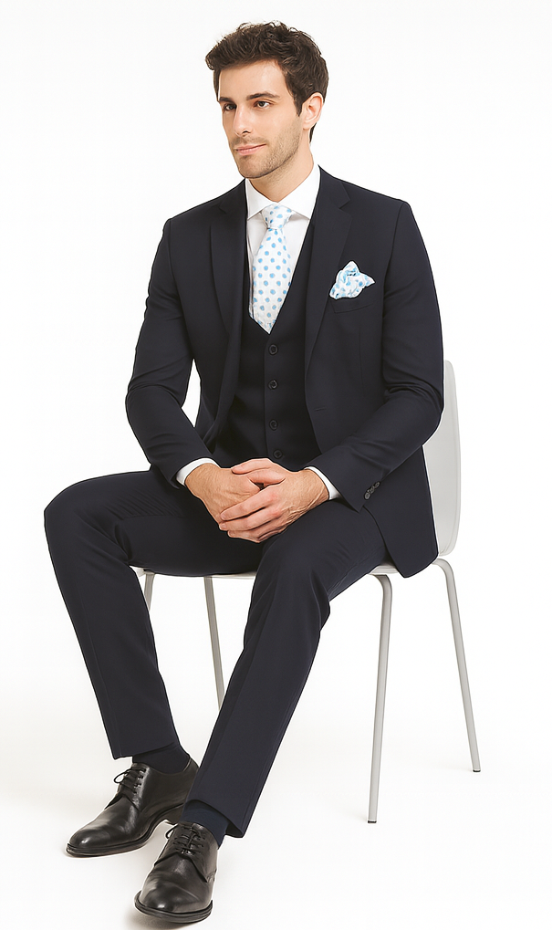 Rossi Man CYRUS RM116 Solid Navy Blue 3-Piece Suit – Men’s Formalwear