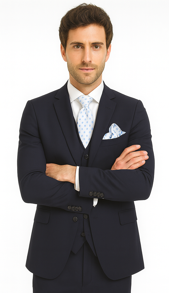 Rossi Man CYRUS RM116 Solid Navy Blue 3-Piece Suit – Men’s Formalwear