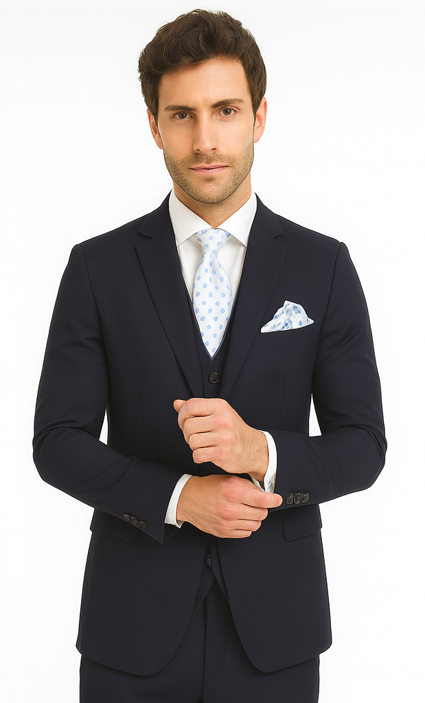 Rossi Man CYRUS RM116 Solid Navy Blue 3-Piece Suit – Men’s Formalwear