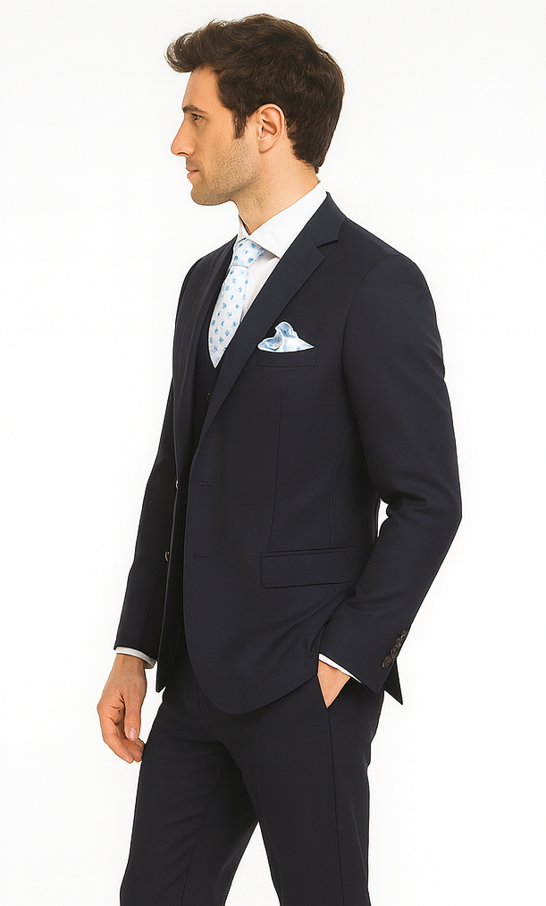 Rossi Man CYRUS RM116 Solid Navy Blue 3-Piece Suit – Men’s Formalwear