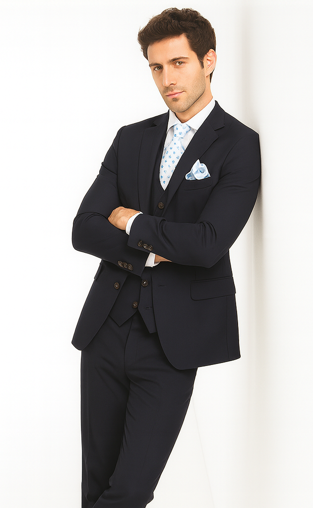 Rossi Man CYRUS RM116 Solid Navy Blue 3-Piece Suit – Men’s Formalwear