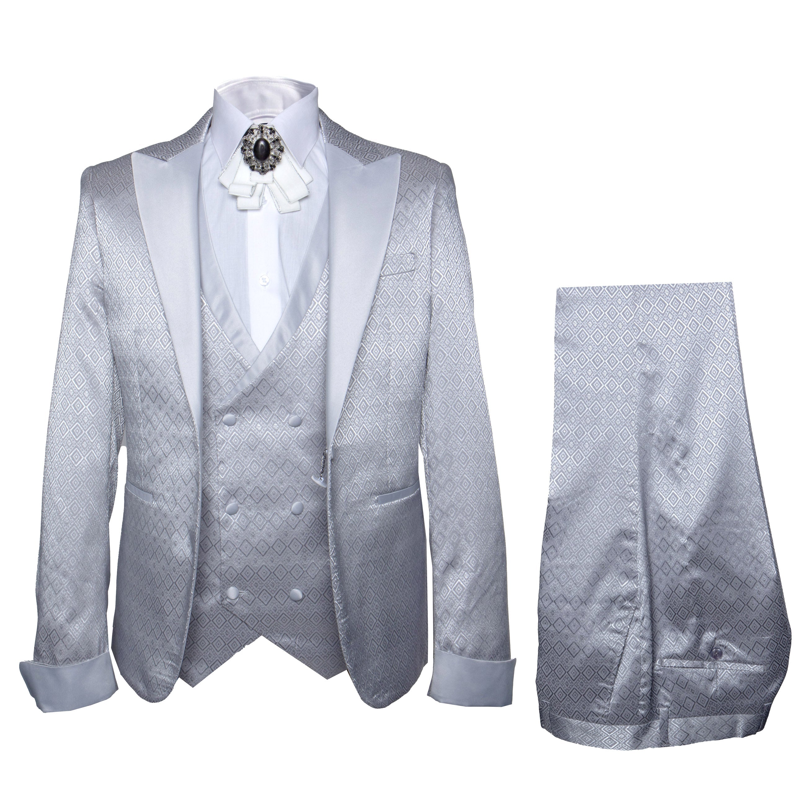 Rossi Man FORD RM1915 Men’s Slim Fit 3-Piece Silver Suit – Modern Formalwear for Events