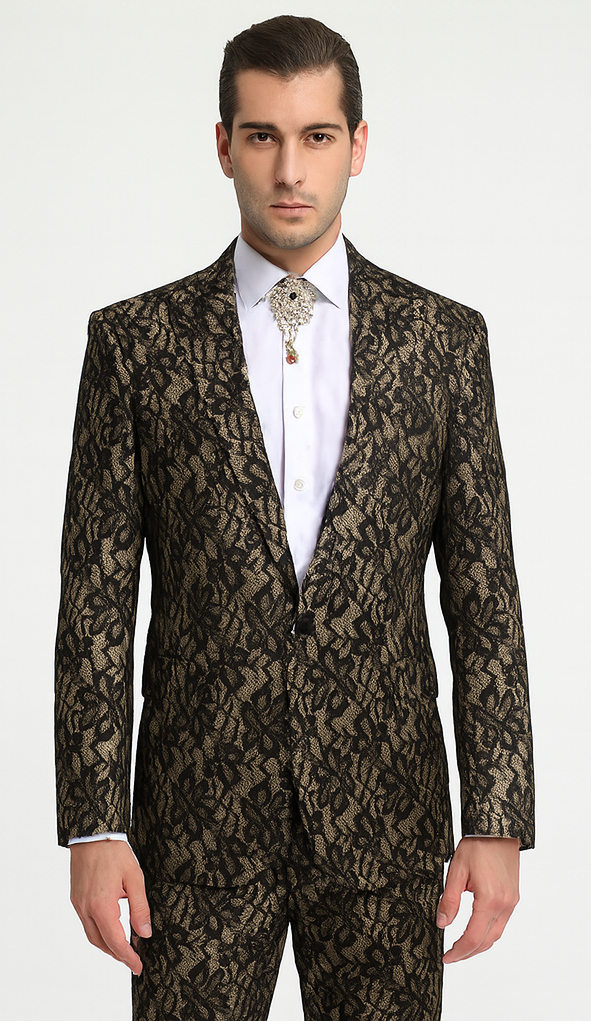 Rossi Man LEO RM1901 Men’s Slim Fit 3-Piece Gold & Black Designer Tuxedo – Formalwear for Events