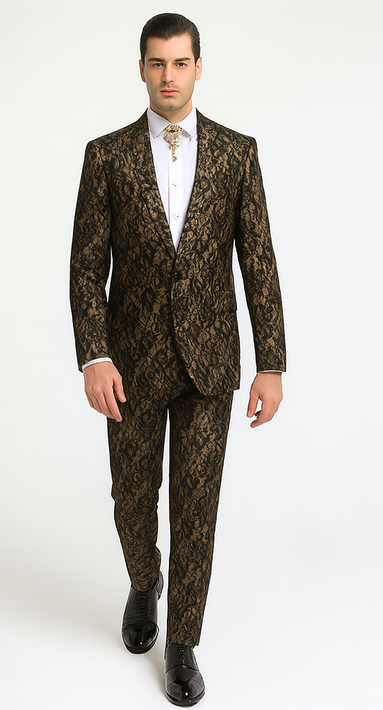 Rossi Man LEO RM1901 Men’s Slim Fit 3-Piece Gold & Black Designer Tuxedo – Formalwear for Events