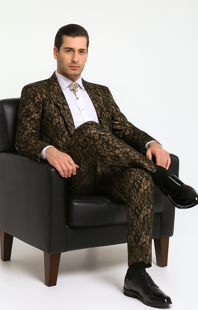 Rossi Man LEO RM1901 Men’s Slim Fit 3-Piece Gold & Black Designer Tuxedo – Formalwear for Events