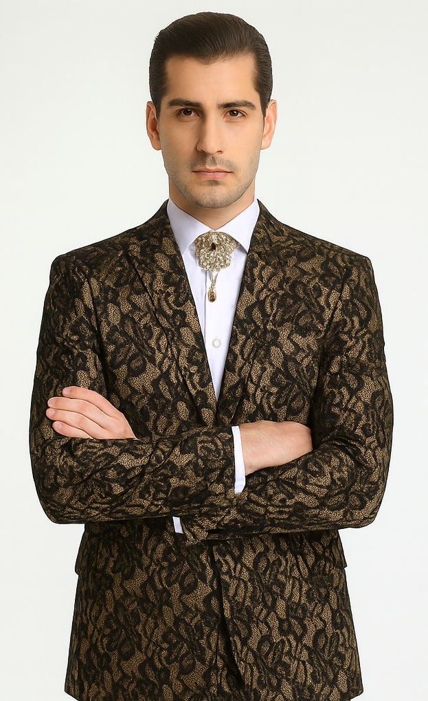 Rossi Man LEO RM1901 Men’s Slim Fit 3-Piece Gold & Black Designer Tuxedo – Formalwear for Events