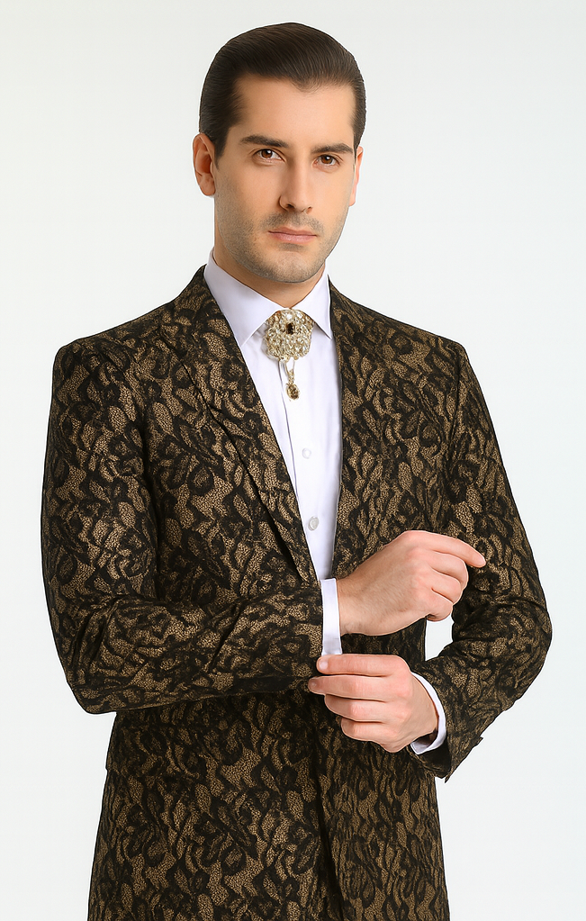 Rossi Man LEO RM1901 Men’s Slim Fit 3-Piece Gold & Black Designer Tuxedo – Formalwear for Events
