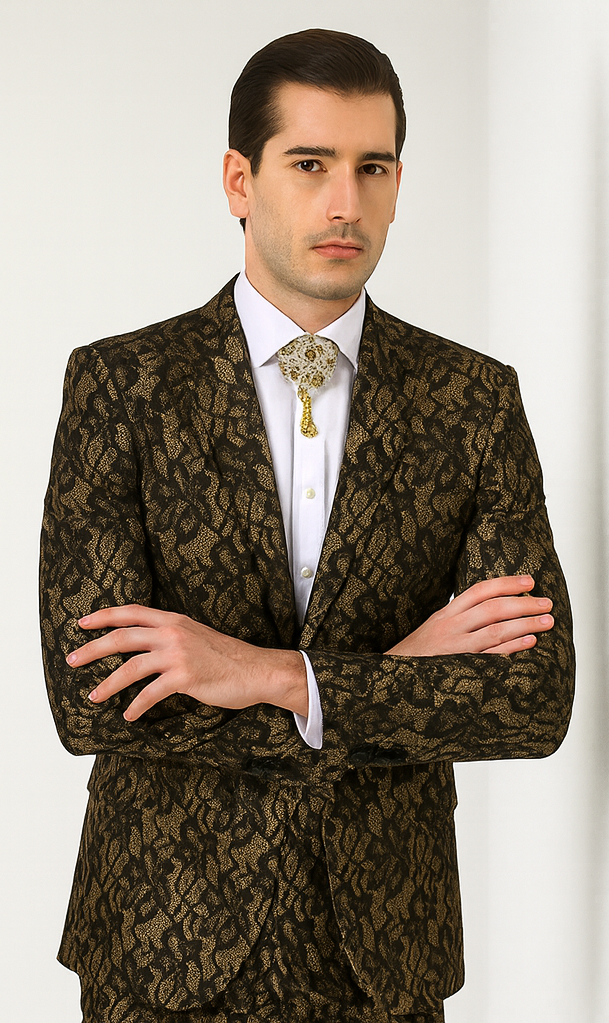 Rossi Man LEO RM1901 Men’s Slim Fit 3-Piece Gold & Black Designer Tuxedo – Formalwear for Events