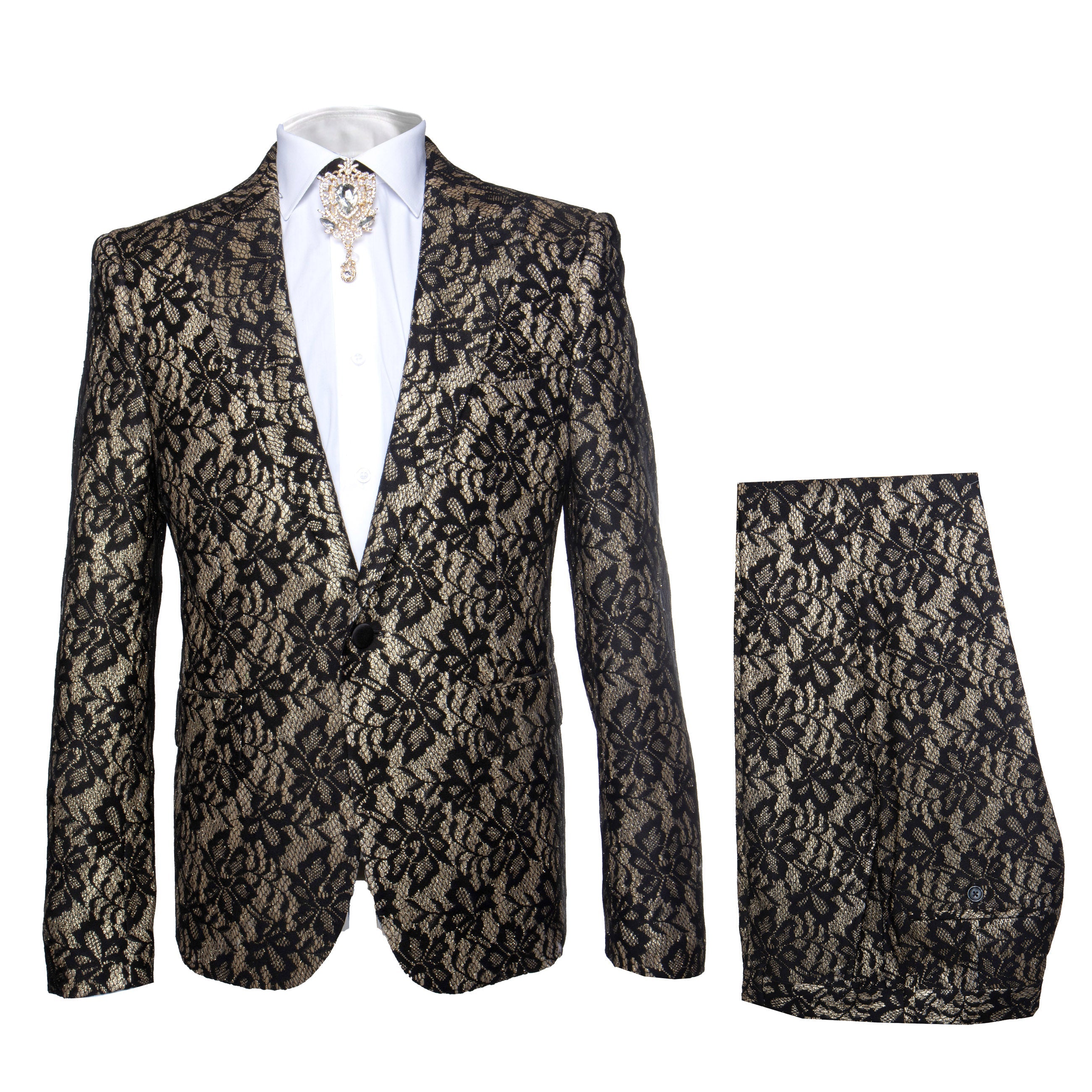 Rossi Man LEO RM1901 Men’s Slim Fit 3-Piece Gold & Black Designer Tuxedo – Formalwear for Events