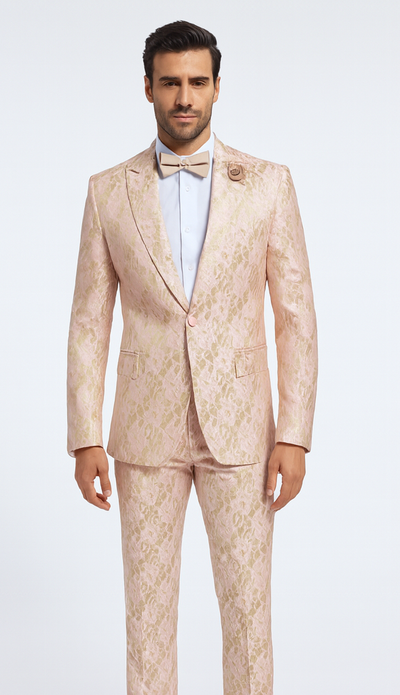 Rossi Man LEO RM1903 Men’s Slim Fit 3-Piece Pink & Gold Designer Tuxedo – Formalwear for Events