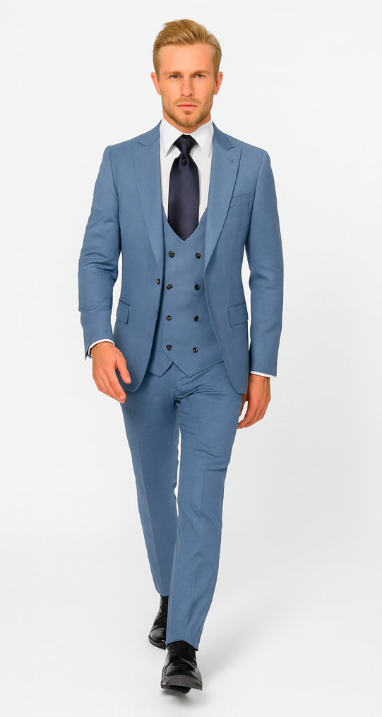 Rossi Man MAX RM1387 Slim Fit 3-Piece Suit – Solid Blue Formalwear for Men
