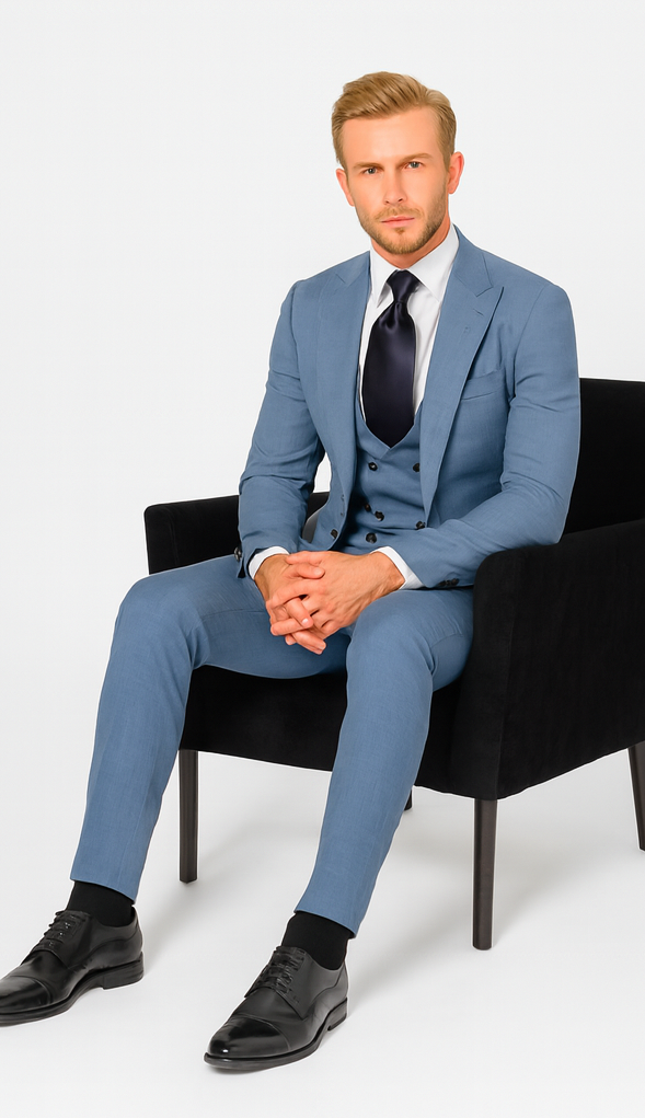 Rossi Man MAX RM1387 Slim Fit 3-Piece Suit – Solid Blue Formalwear for Men