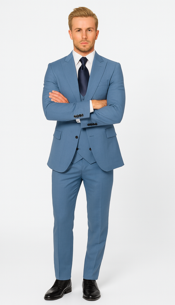 Rossi Man MAX RM1387 Slim Fit 3-Piece Suit – Solid Blue Formalwear for Men