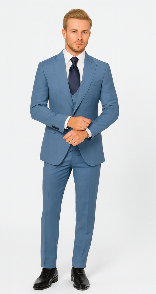 Rossi Man MAX RM1387 Slim Fit 3-Piece Suit – Solid Blue Formalwear for Men